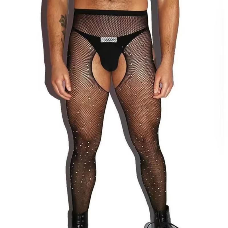 Crystal Mesh Fabric - Men Hosiery Open Crotch Fishnet Pantyhose